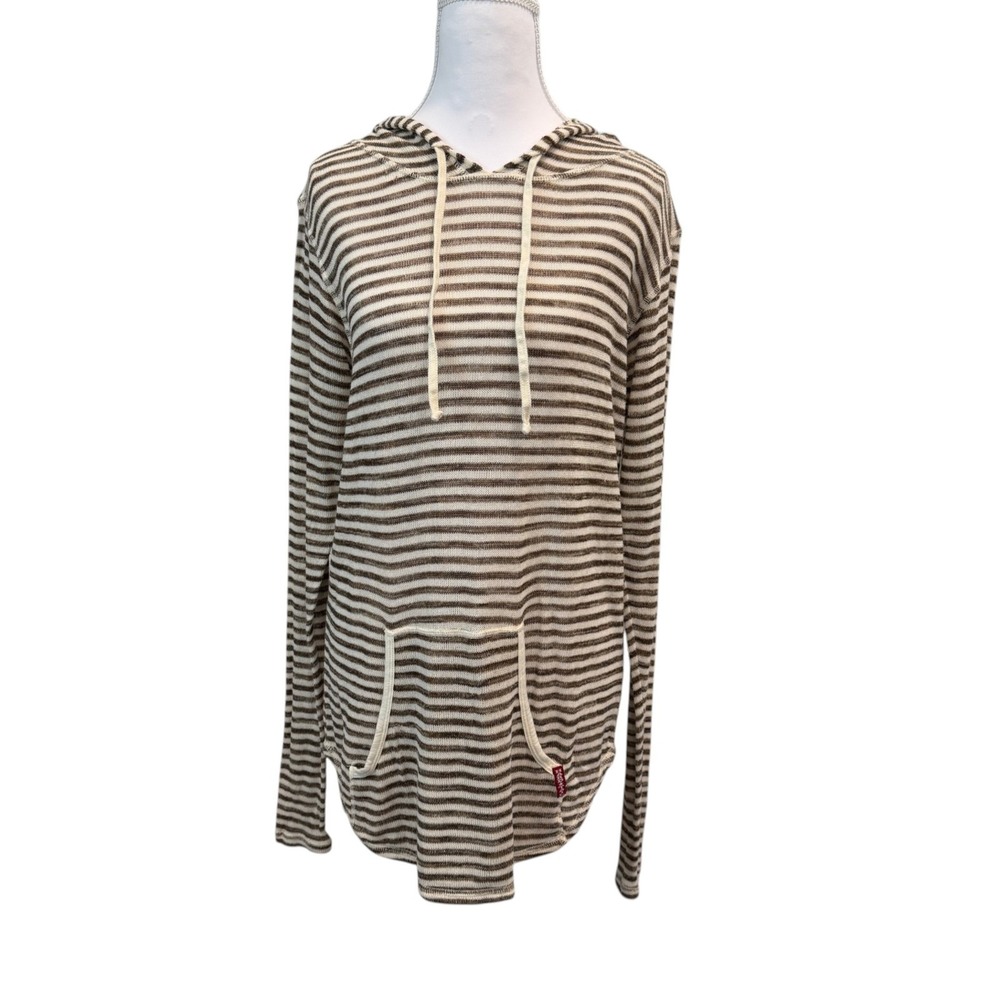 Hard Tail Forever Womens Striped Hoodie Med Brown Cream Lightweight Beach Boho